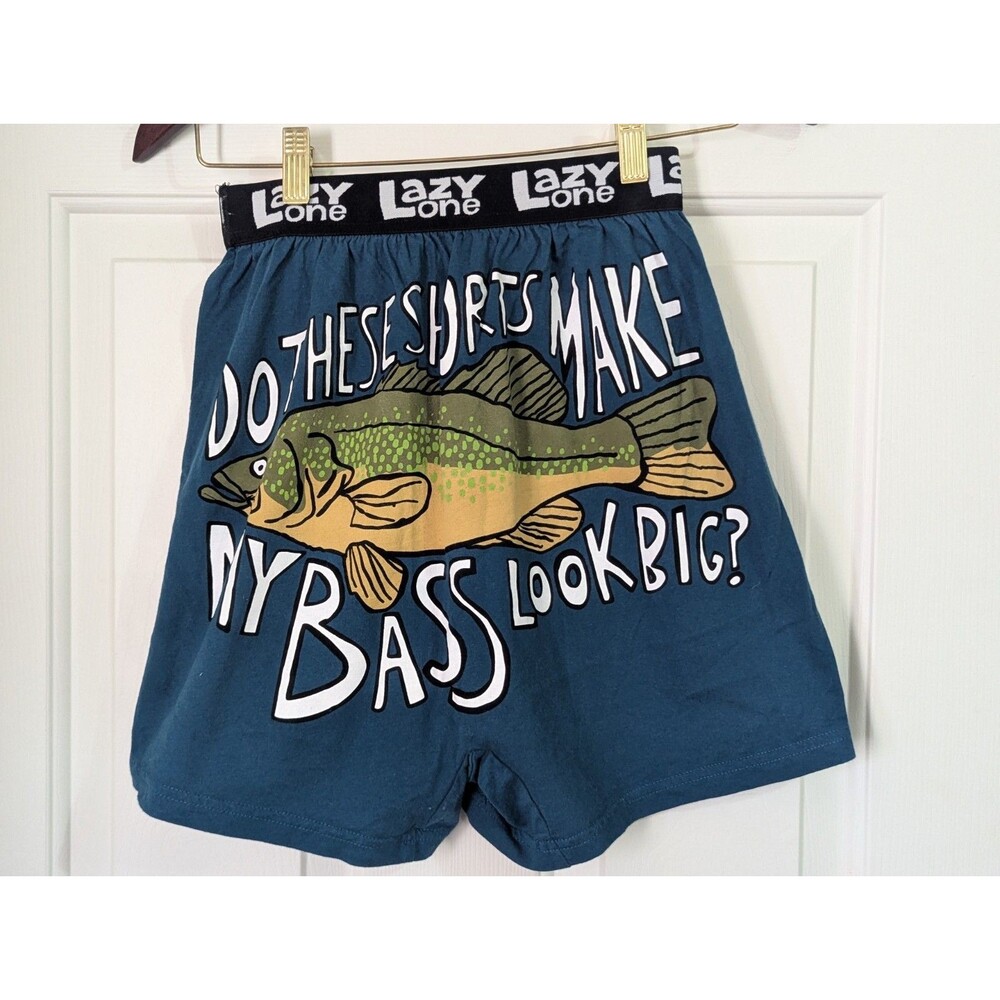Lazy One "My Bass Look Big" Boxers Mens Small Blue Cotton Novelty Lounge Fishing